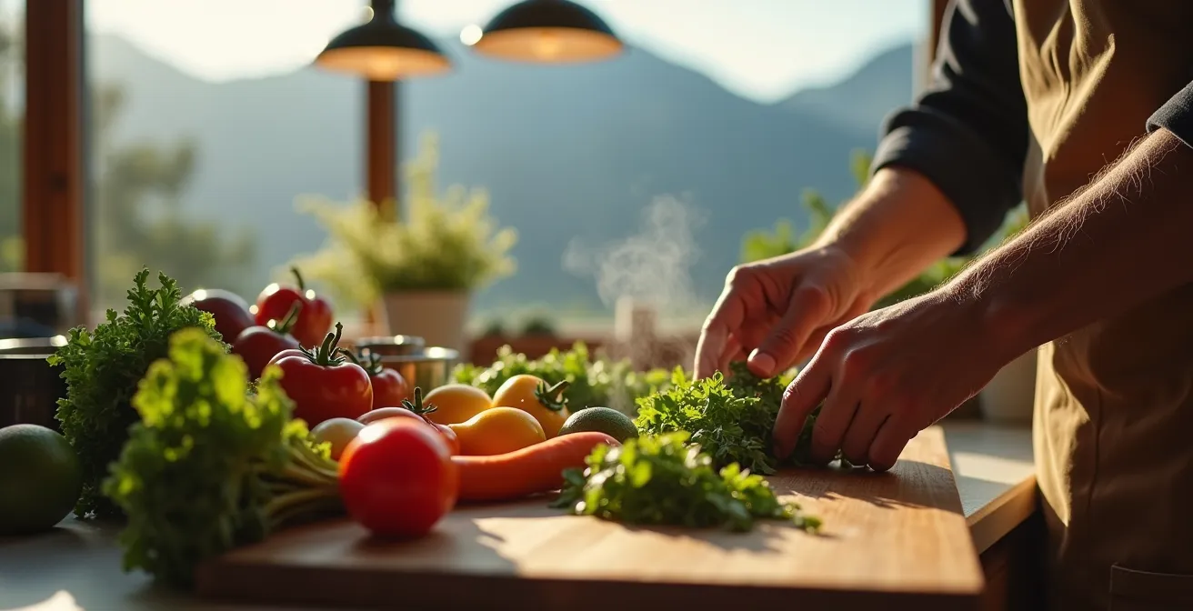 Cuisine moderne équipée dans un chalet avec vue sur les montagnes