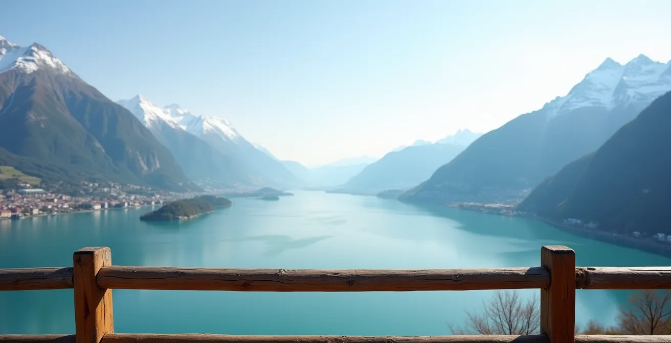 Vue panoramique depuis une terrasse de chalet montrant lac, montagnes et ville